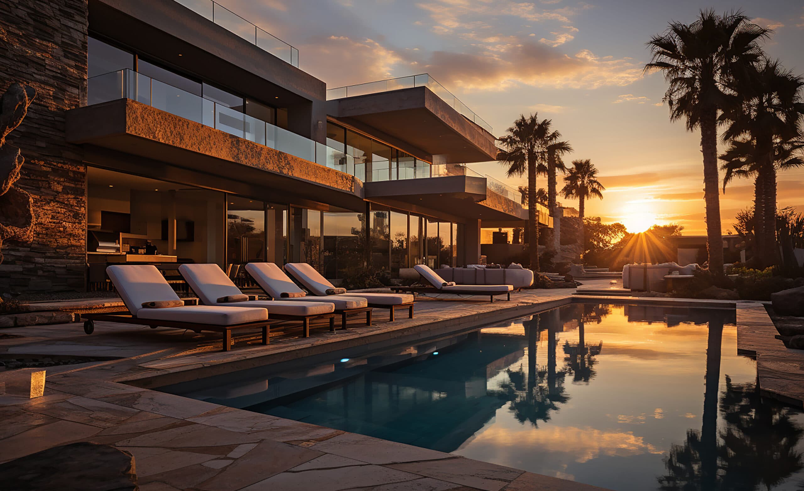 Piscina y camastros junto a palmeras en una villa, al atardecer