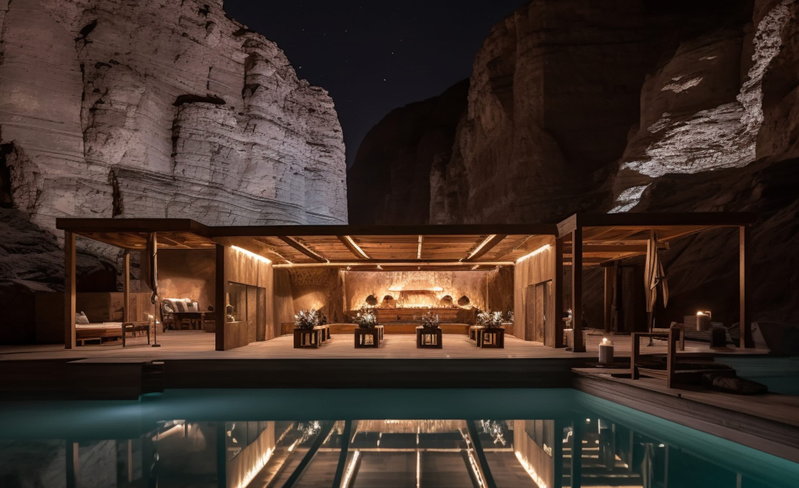 Sala de estar exterior junto a una piscina iluminada al anochecer