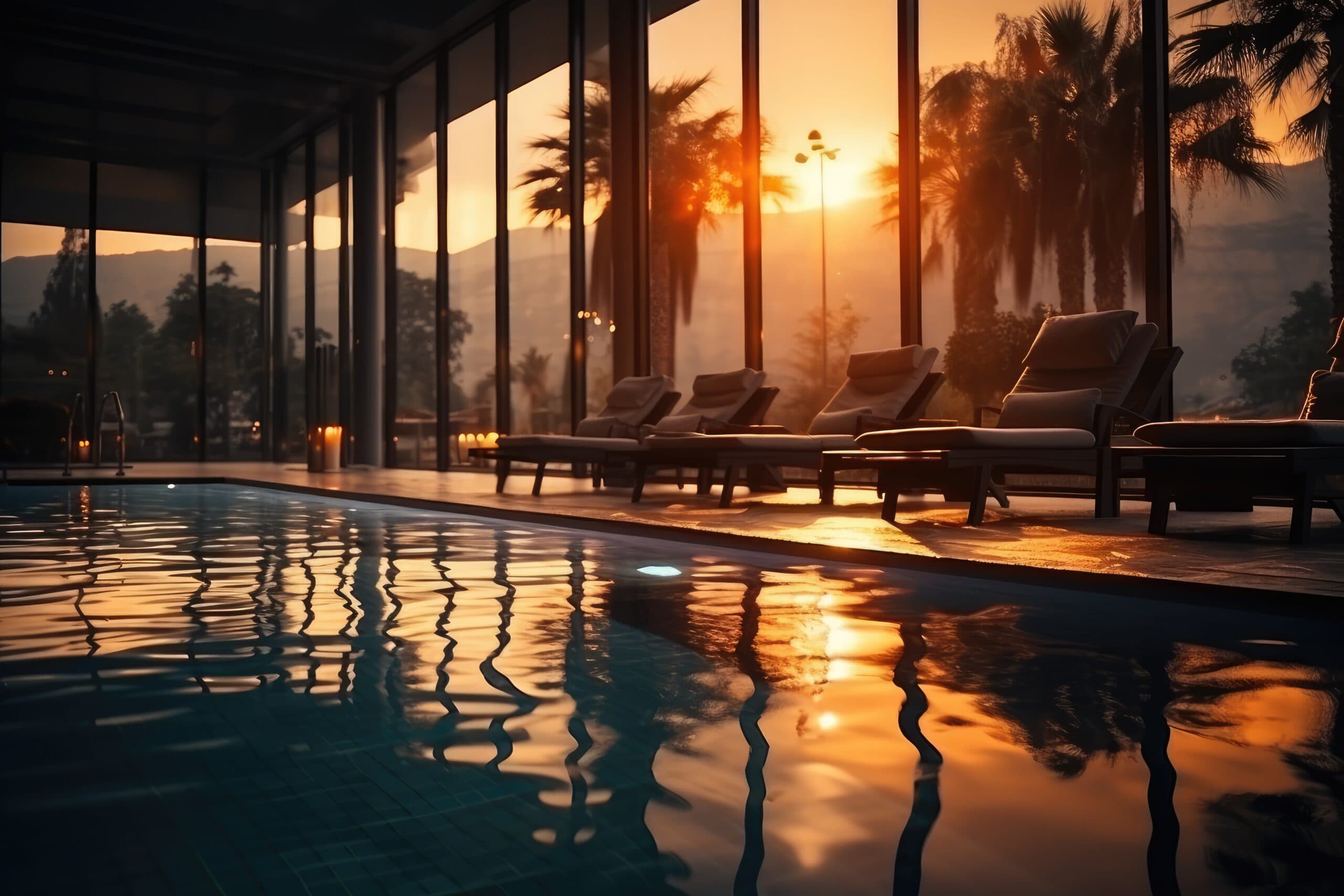 Sala de estar junto a una piscina interior, con vista a palmeras al atardecer